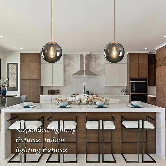 Bagood 10 Inch Globe Pendant Light Gold Globe Pendant Lights Kitchen Island Mid Century Light Fixture with Gray Clear Glass Contemporary Adjustable Hanging Lights for Dining Room (Bulb Included)