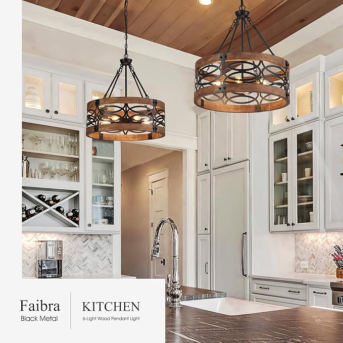 6-Light Farmhouse Drum Wood Pendant Light,19.7'' Vintage Rustic Brown Oak Wood Chandeliers,Retro Industrial Hanging Light Fixtures for Dining Room Entryway, Bedroom