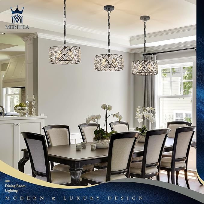Black Crystal Pendant Light Farmhouse 4-Light, 12" Round Modern Semi Flush Mount Chandelier Ceiling Light for Kitchen Island, Dining Room, Bedroom, Hallway, Foyer