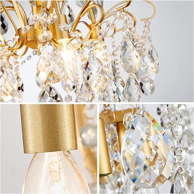 WUZUPS 5-Light Crystal Candle Chandelier Pendant Ceiling Modern Lighting Fixture for Bedroom Hallway Bar Kitchen Bathroom, H 22.8" W19.7, E12 Base, Gold