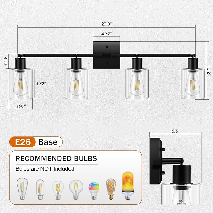 4-Light Track Lighting Fixtures with Seeded Glass Shade, Modern Kitchen Lighting Fixtures Ceiling, Rotatable Track Head, Wall Mount Ceiling Light for Bedside Hallway Bedroom, Matte Black