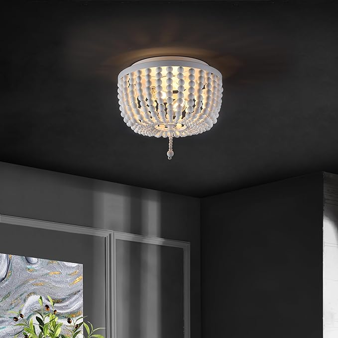 JONATHAN Y 10" White Allison 2-Light LED Flush Mount Ceiling Light for Bedroom, Wood Beaded Shade Shabby Chic Farmhouse Rustic Decor, LED Bulbs Included (JYL9074D)