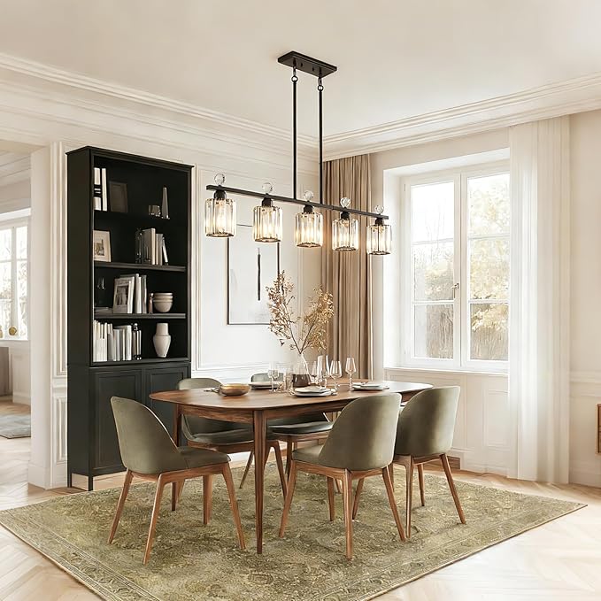 Modern Dining Room Light Fixture Over Table, Crystal Pendant Lights Kitchen Island, Chandeliers for Dining Room Kitchen Light Fixtures (E26) 5-Light Black