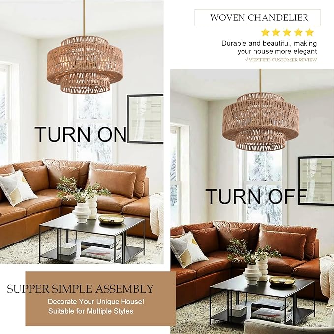 4-Light Boho Rattan Chandelier Light Fixture 17.7" 3-Tier Farmhouse Boho Chandelier Hand Woven Rattan Pendant Light Rustic