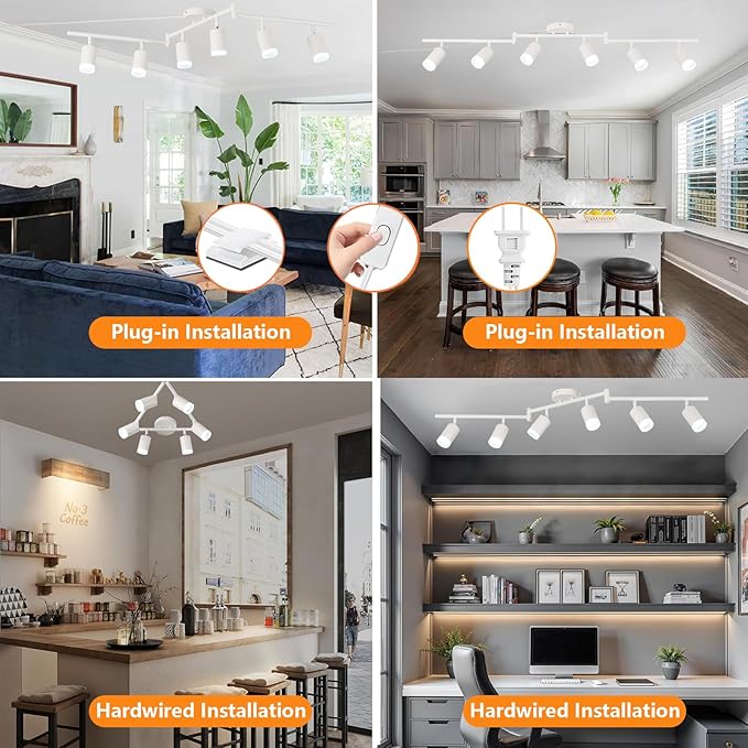 Plug in Track Lighting Kit, 120cm LED 6 Light Kitchen Track Lighting Corded Wall Light with 16.4ft Cord 6 Way Ceiling Spot Lighting Flexibly Rotatable Head Includes 6xGU10 Bulb (6 White-Acrylic-120cm)