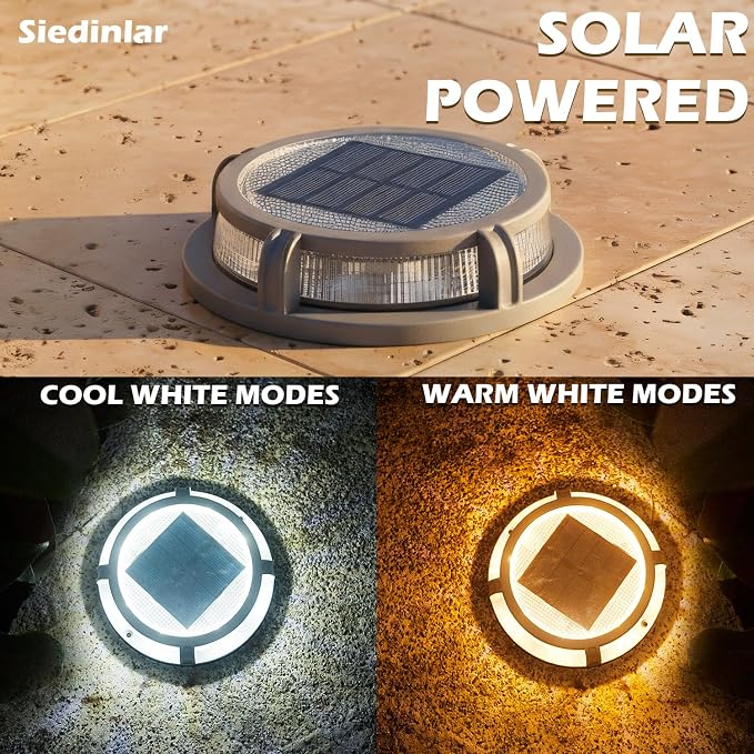 SIEDiNLAR Solar Deck Lights Outdoor 2 Modes 16 LEDs Driveway Markers Dock Light Solar Powered Waterproof for Step Ground Pathway Walkway Stair Garden Road Yard 1 Pack (Cool White/Warm White)