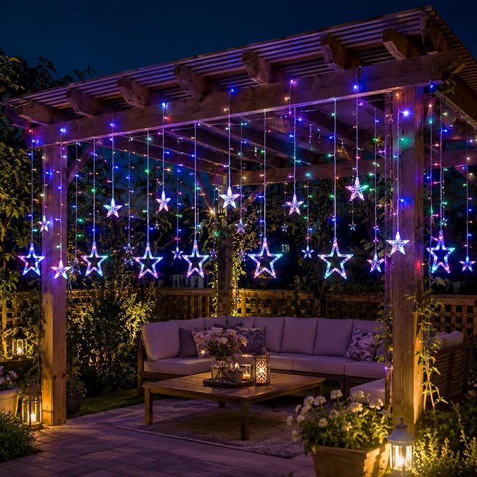 Vigdur Star Curtain String Lights, 12 Stars 138 LEDs Star Window Lights with Remote & 8 Flashing Modes Christmas String Lights for Christmas Wedding Party Home Decorations(8.2FT)