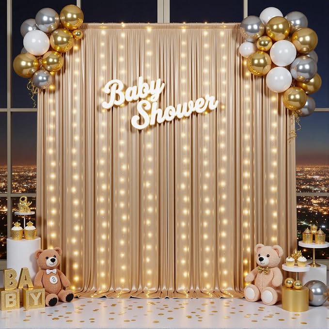 Outpain 10x10ft Champagne Sequin Backdrop Curtains with Light -Lighted Up Champagne Photo Backdrops with Non-Shedding Glitter, Wrinkle-Free Drapes for Wedding/Christmas/Studio(5x10ft 2 Panels)