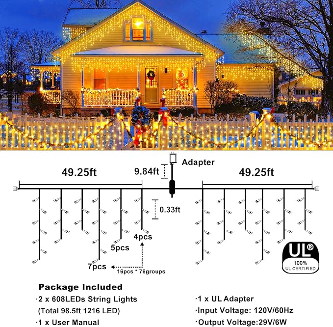 Icicle Christmas Lights Outdoor - 98FT 1216 LED Icicle Lights for Outside with 8 Modes Timer, 228 Drops Waterproof Hanging String Lights Indoor for House Wedding Holiday Decorations, Warm White