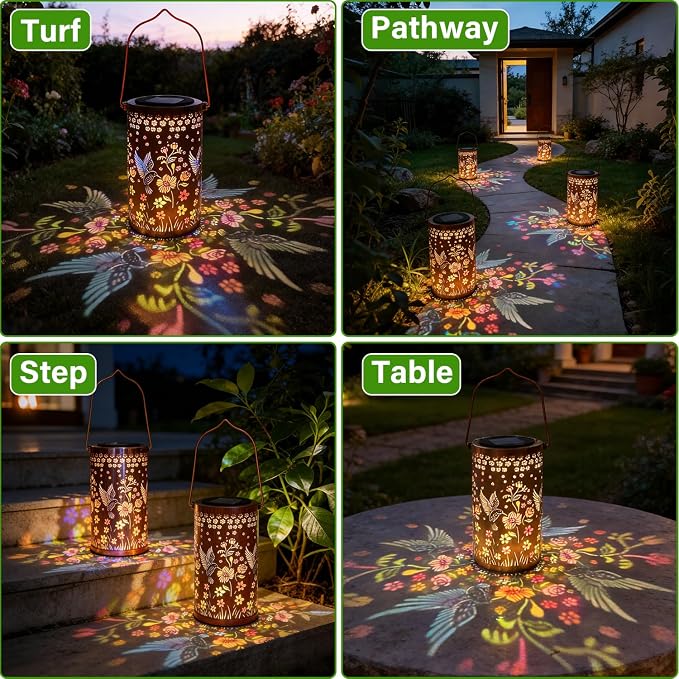 Colorful Solar Lanterns Outdoor Waterproof, Mmulticolored Hummingbird LED Solar Lights Garden Decor Gifts for Women Mom Grandma, Metal Hanging Lantern for Outside Table Tree Patio Pathway Lawn Decor