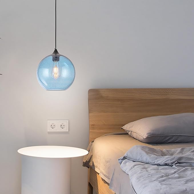 Blue Glass Pendant Lights Kitchen Island Lighting Modern Globe Pendant Light Fixtures Modern Pendant Lights for Kitchen Island Bedroom Living Dining Room Light Fixture-9.8inch