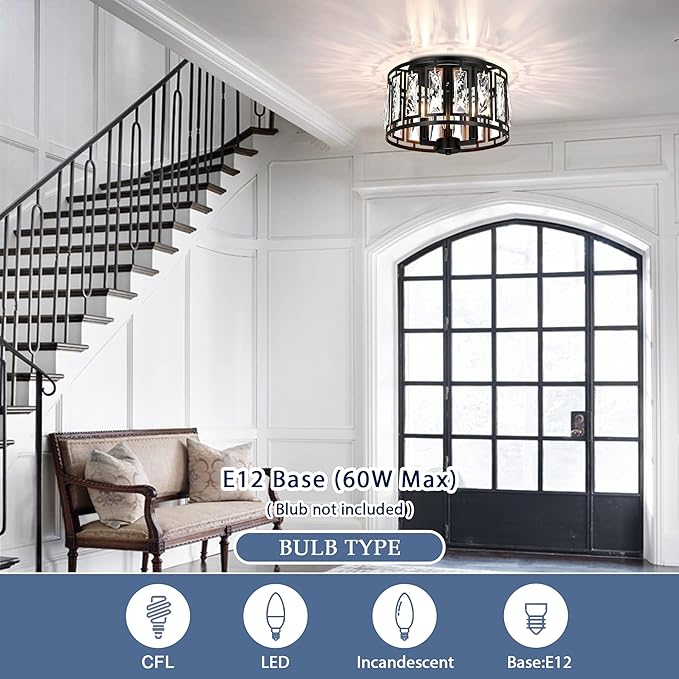 Crystal Ceiling Light Flush Mount for Bedroom, Kitchen Island Crystal Drum Shade Lighting Fixture, 3-Light Black Ceiling Lamp for Dining Room
