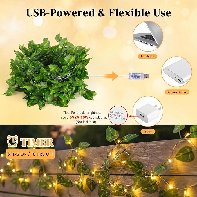 DomeStar 40Ft 120 LED Pothos Vines String Lights with Remote, Fairy Lights with Artificial Greenery Vines for Bedroom, Dorm, Wall, Wedding, Party, Indoor Outdoor Holiday Home Decor