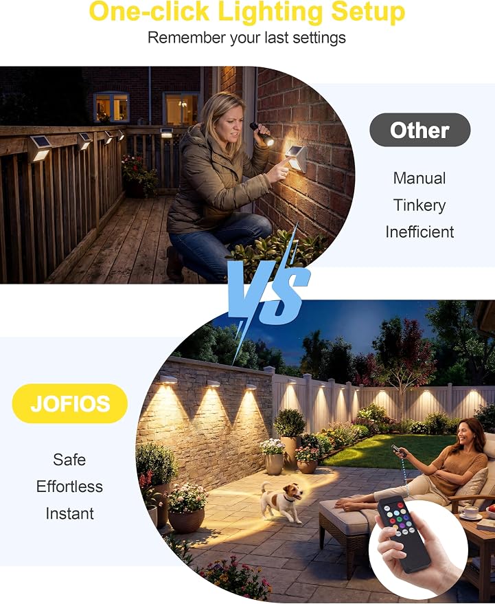 JOFIOS Fence Lights Solar Powered with Remote, 9 Fixed Colors ＆ Color Changing White Fence Lights Waterproof IP65 Dusk-to-Dawn LED Deck Lighting for Patio, Railing, Pool, Porch, Backyard, 12 Pack