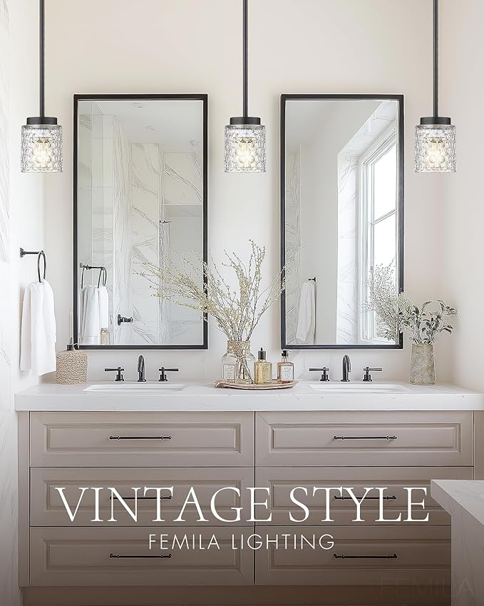 FEMILA 4.3" Pendant Lights Kitchen Island, Hammered Glass Hanging Light Fixture, Matte Black Finish, 4FY86MIL BK