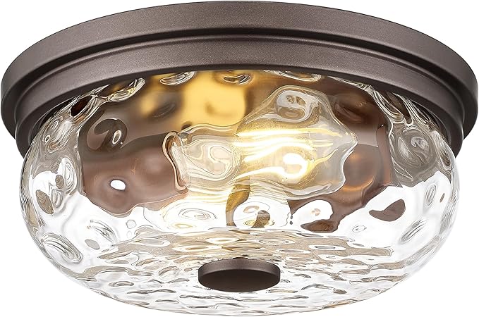 Farmhouse Ceiling Light Fixtures, HWH 2-Light Flush Mount Ceiling Light for Bedroom, Indoor Ceiling Mount Light with Water Ripple Glass, Oil-Rubbed Bronze Finish, 5HJX109F ORB-WG