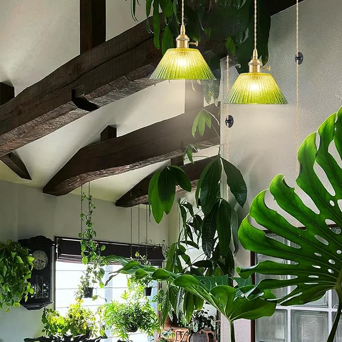 Plug in Pendant Light Vintage, Dimmable Pulley Hanging Lamp with Gradient Green Glass Shade, Brass Hanging Lights with Plug in Cord for Living Room, Compatible with Indoor Plant Grow Light Bulbs