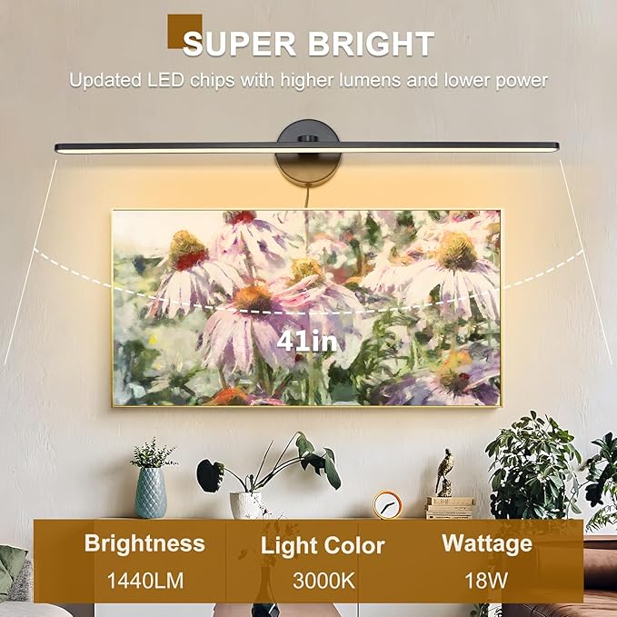 32" Plug in Bathroom Vanity Light Fixtures Modern Black Vanity Lights Over Mirror, 3000k Warm Light Non-Dimmable 18w Eye-Friendly Picture Light Led Wall Lights for Art,Poster,Gallery