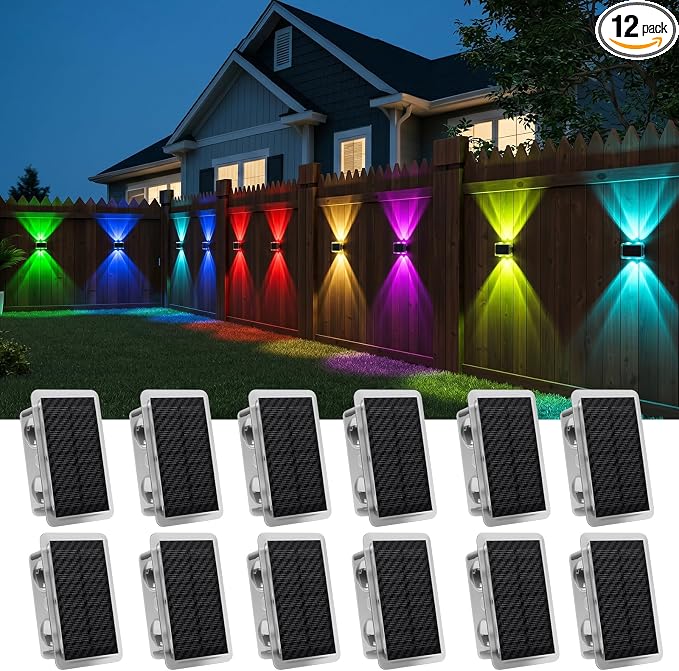 Solar Fence Lights Outdoor Waterproof LED, New Up Down Glow Wall lights Solar Powered with 8 Modes 6 Color Changing Warm White & RGB Cycling, Solar Patio Light for Backyard Railing Deck Decor-12 Pack