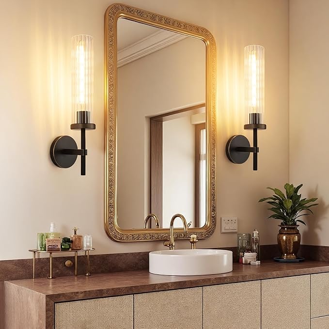 19.5" Knurled Brass Wall Sconce with Vertical Striped Glass Tube, Black Gold Bathroom Vanity Light Fixtures, Modern Lamp Lighting for Bedroom, Living Room, Hallway, Staircase, Mirror, Kitchen