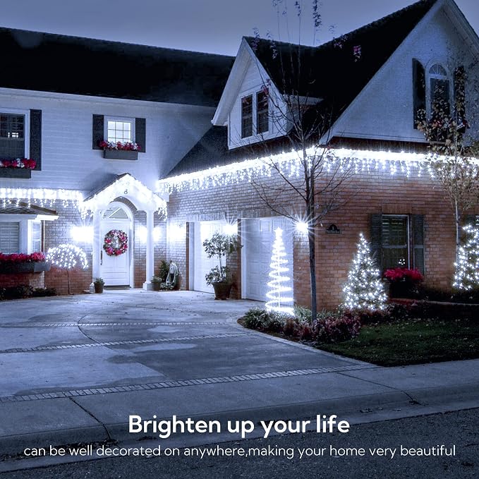 Hopolon 33FT 360 LED White Christmas Icicle Lights,Waterproof Plug in | Outdoor icicle curtain lights with 60 drops, 8 modes, for Christmas, wedding, party, bedroom, garden, wall decor