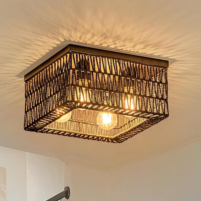 Black Rattan Ceiling Light, 4-Light Boho Light Fixture, Square Flush Mount Ceiling Light for Bedroom, Hallway, Entryway, Kitchen, Living Room