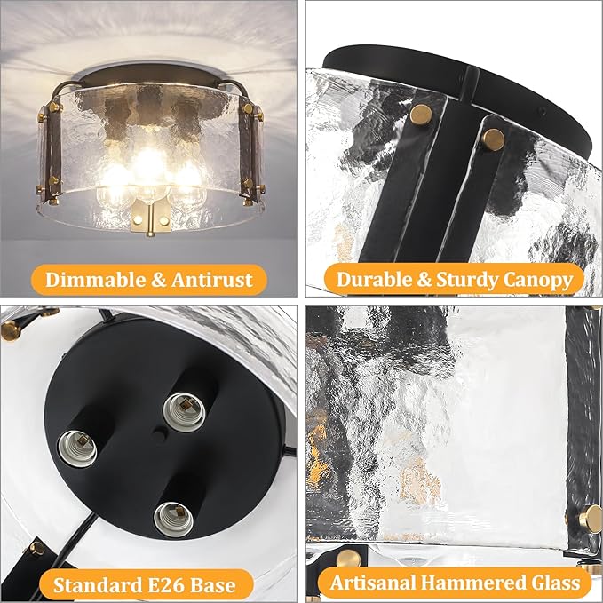 TOULMJ 15'' Black Semi Flush Mount Ceiling Light, 3-Light Modern Entryway Light Fixtures Hammered Glass Kitchen Lighting Fixtures Hallway Ceiling Lights for Bathroom Bedroom Foyer Laundry Dining Room