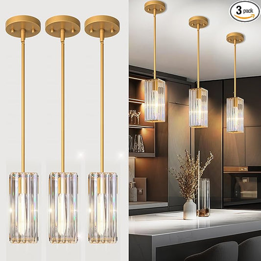 Crystal Pendant Lights for Kitchen Island - 10" Gold Adjustable Chandelier, Dimmable E26 Hanging Fixture, Modern Lighting for Dining 3pcs