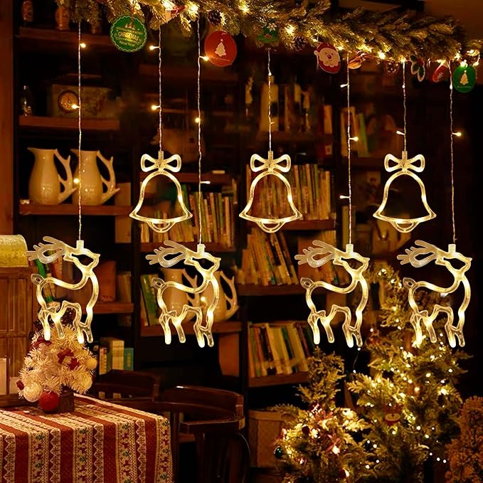 180 LED Christmas Curtain String Lights, 8.3 FT Linkable Warm White Window Fairy Lights with 12 Reindeer & Bell Pendants, 8 Modes Waterproof for Xmas Tree Holiday Party Decorations