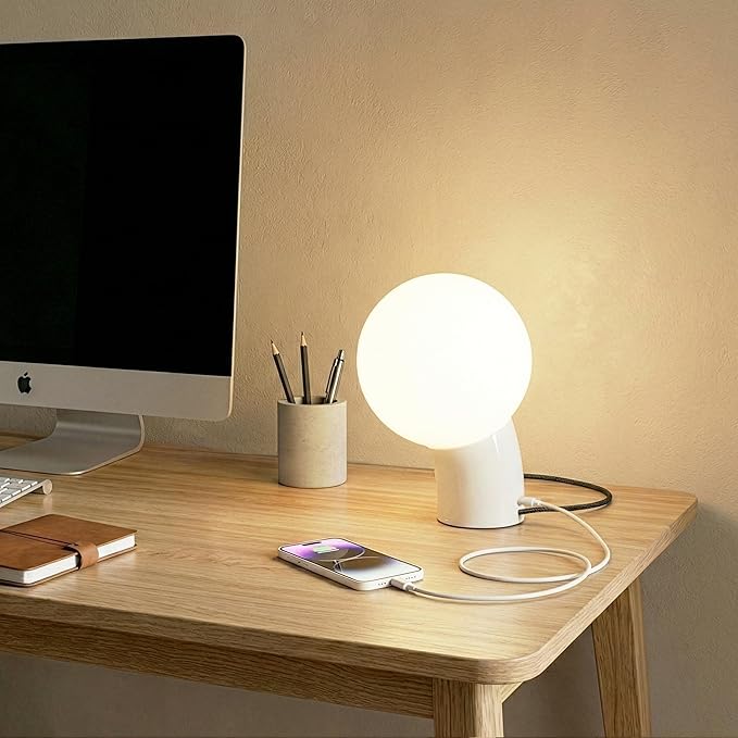Brightech Vino LED Table Lamp - Small 8" Modern Dimmable Metal Lamp with USB-C Charging, Frosted Glass Globe Shade - Warm White Accent Light for Bedroom, Living Room, Bedside, Nightstand - Cream