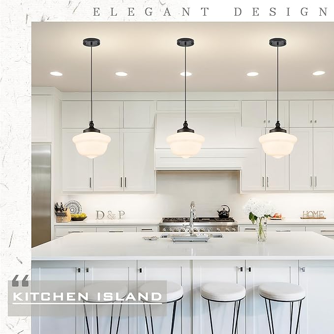 Bagood 10" Black Schoolhouse Light Fixture Milk Glass Pendant Light Schoolhouse Pendant Light Milk Glass Light Fixture Mid Century Modern Ceiling Light for Bedroom Bathroom Kitchen Island (Bulb Incl)