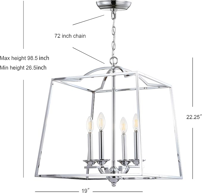 JONATHAN Y 19" Chrome 4-Light Metal Lantern Pendant Light, Adjustable LED Hanging Ceiling Fixture for Kitchen Island, Foyer, Entryway and Dining Room, ETL Listed (JYL7411A)