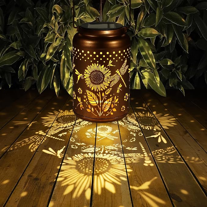 Solar Lanterns Outdoor Waterproof Hummingbird Garden Decor Christmas Gifts for Women Mom Grandma Hanging Lights Metal Decoration Outside for Yard, Patio,Backyard,Porch(Dragonfly and Sunflower)