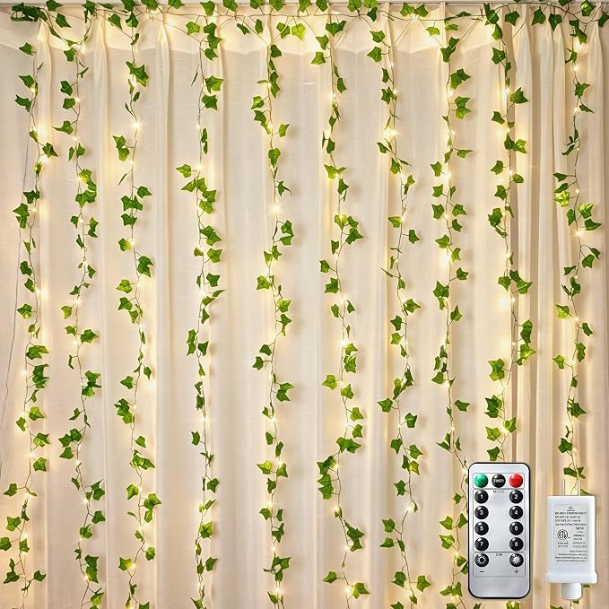 Bexdir 200 LED Vine Lights for Bedroom Decoration, 6.6x6.6ft Pre-Assembled Hanging Fake Vines with Fairy Lights Plug in, Aesthetic Artificial Ivy Curtain Lights for Room Wall Decor, Remote Included