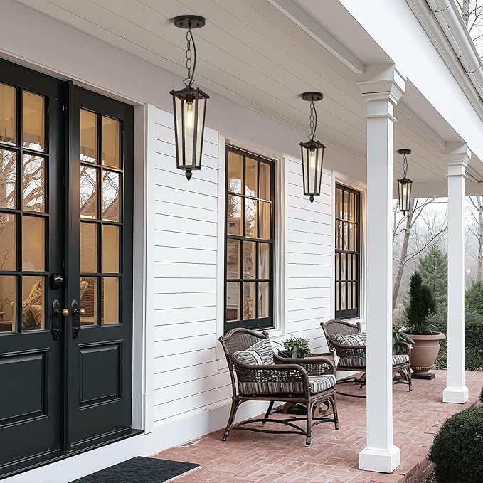 Outdoor Pendant Lights for Porch, 16" Black Outdoor Pendant Light with Clear Glass, Modern Hanging Porch Lighting Fixtures with Adjustable Chain for Gazebo Foyer, OS-OD2615-1HM