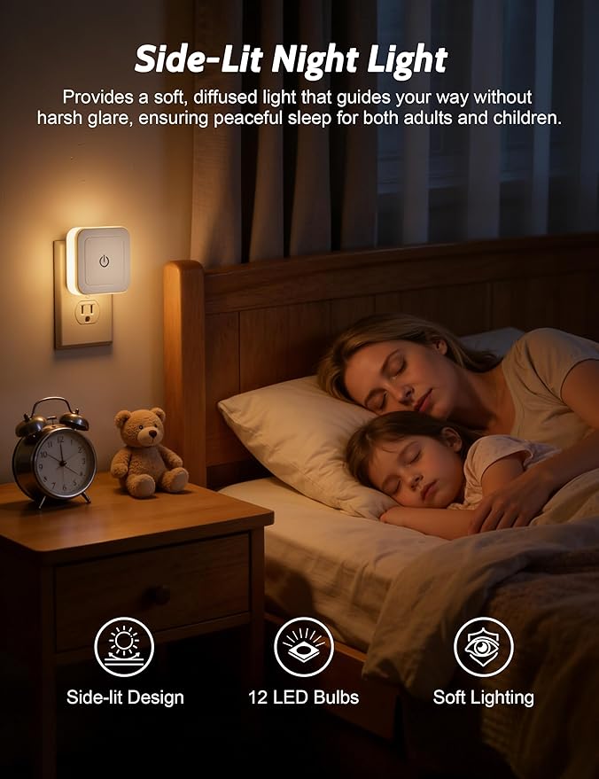 Sujeet Night Light, 4 Pack 1-50LM Stepless Dimming LED Night Light with 3CCT (3000K/4500K/6500K), Night Lights Plug into Wall for Adults, Bedroom, Bathroom, Hallway, Kitchen, Kids, No Light Sensor
