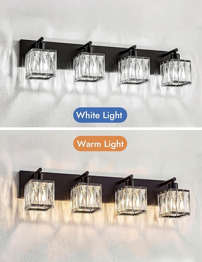 VOLISUN Black Bathroom Light Fixtures, Modern Bathroom Lighting Fixtures Over Mirror, 4 Light Bathrooms Vanity Light, Crystal Vanity Light for Bathrooms-UL Certificated(Exclude Bulb)