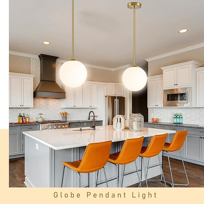 Bagood 10" Globe Pendant Light Gold 2 Pack Mid Century Pendant Light Globe Pendant Lights Kitchen Island Brushed Brass Finished with Milk Glass Adjustable Ceiling Light Fixtures for Dining Room Bar