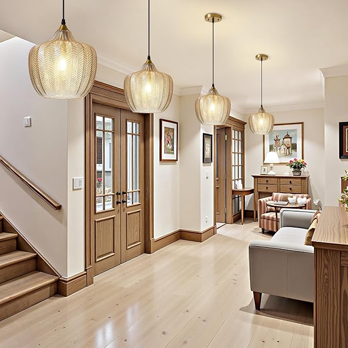 Modern Gold Pendant Light 2 Pack, Amber Glass Kitchen Island Pendant Light Fixture Adjustable Vintage Hanging Ceiling Light for Dining Room Corridor Bedroom 9.45 inch, UL Certification