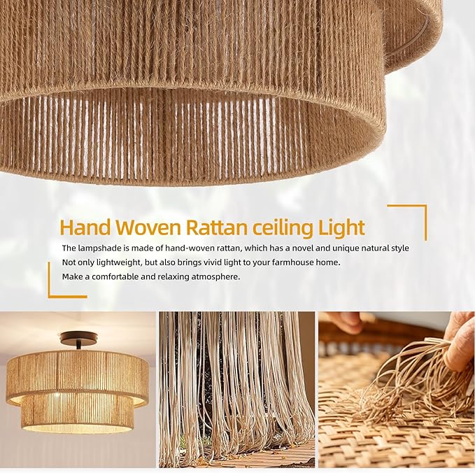 Boho Semi Flush Mount Ceiling Light Rattan Ceiling Light 18" Farmhouse Ceiling Lamp with Natural Hemp Rope Lampshade for Dining Room Living Room Bedroom Kitchen