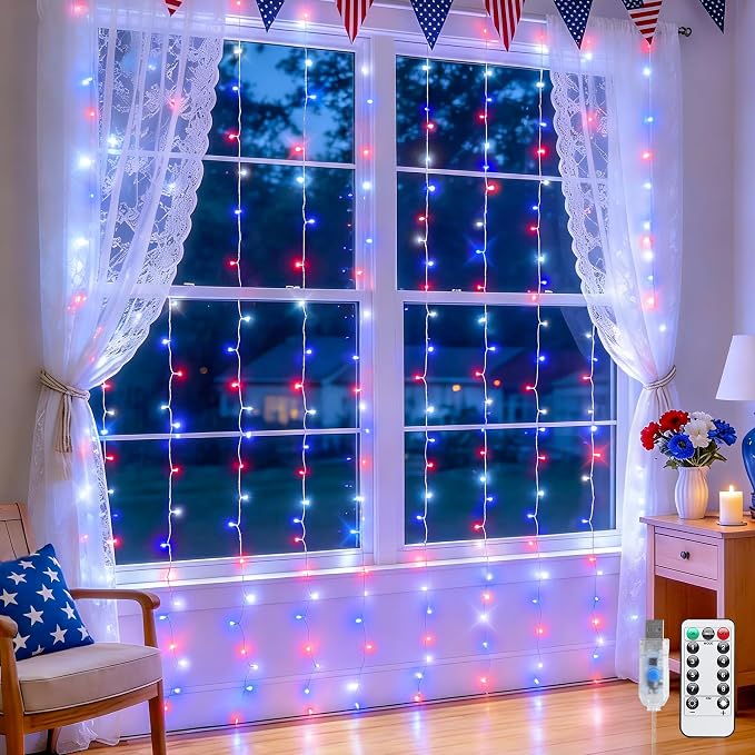 JMEXSUSS 200 LED Red White and Blue Curtain Lights, 6.5ft x 6.5ft 4th of July Lights USB Plug in, 8 Modes Patriotic Hanging Curtain String Lights with Remote for Memorial Day Independence Day Decor