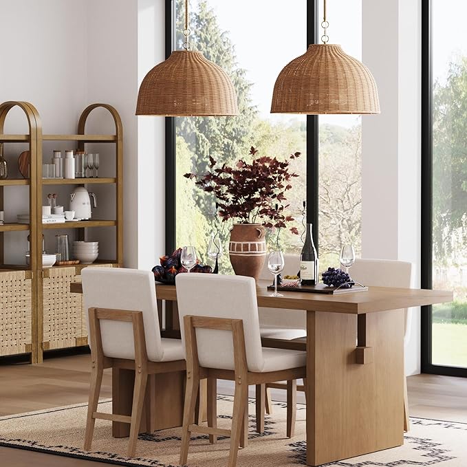 Nathan James Augustine Modern Farmhouse Rattan Pendant Light, Rattan Chandelier Pendant Lamp Shade for Kitchen or Living Room, Set of 2
