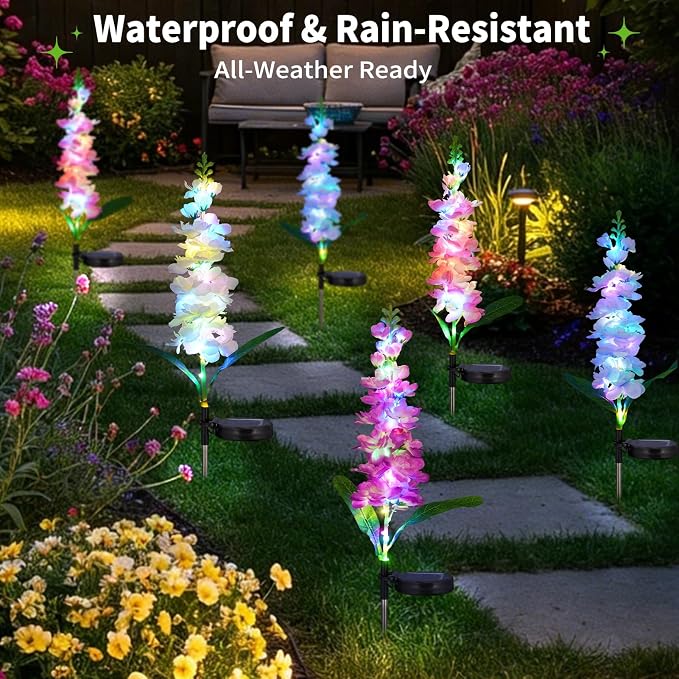 4-Pack Solar Delphinium Garden Decor, 4 LED Flower Stake Lights - Waterproof Long-Lasting Outdoor Solar Patio Decor for Lawn, Yard & Pathway