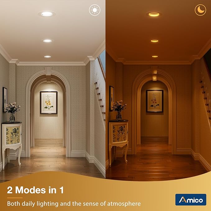 Amico 12 Pack 4 inch 5CCT LED Recessed Lighting with Night Light, 8W=60W, 700LM Can Lights with Baffle Trim, Dimmable, Retrofit Downlight, 2700K/3000K/3500K/4000K/5000K Selectable - ETL & FCC