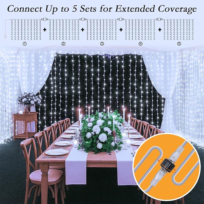 200 LED Cool White Curtain String Lights 9.8x6.6FT, Plug in Fairy Lights with 9 Hooks Dimmable Timer & 8 Modes, IP44 Waterproof, Bedroom Office Wall Wedding Party Christmas Indoor Outdoor Decor