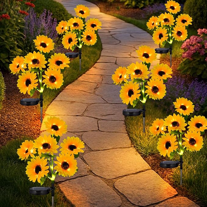 6-Pack Solar Sunflower Garden Decor, 36 LED Flower Stake Lights - Waterproof Long-Lasting Outdoor Solar Patio Decor for Lawn, Yard & Pathway