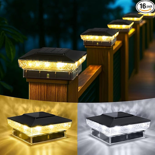 KEILAIMO Solar Post Cap Lights, 16-Pack Upgraded Outdoor Deck Fence Post Solar Lights for 4x4 5x5 Wood/Vinyl Posts, IP65 Waterproof, 10-12 Hours Warm/Cool White Glow for Garden/Patio/Porch - Black