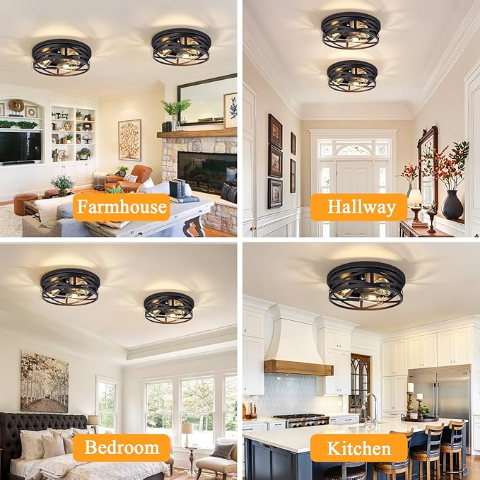 3-Light Flush Mount Ceiling Light Fixture, Farmhouse Ceiling Lights for Kitchen, Modern Black Close to Ceiling Light for Hallway Bedroom Balcony Porch Stairway, E26, (2 Pack)