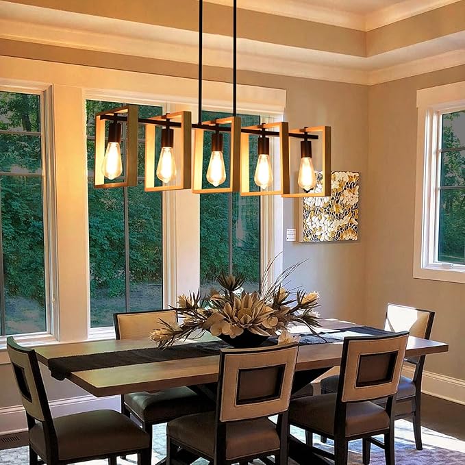 Kitchen Island Lighting Hanging for Farmhouse Linear Chandeliers,Modern Chandelier Over Table, Matte Black Rustic Wood Ceiling Pendant Light,Dining Room Hanging Light Rustic Wood