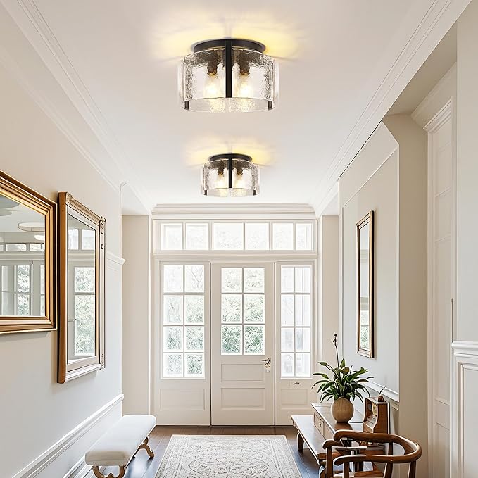 Black Semi Flush Mount Ceiling Light,Farmhouse Kitchen Light Fixture,3-Light Modern Glass Close to Ceiling Lights for Hallway Entryway Dining Room Foyer Bedroom Laundry,15 Inch